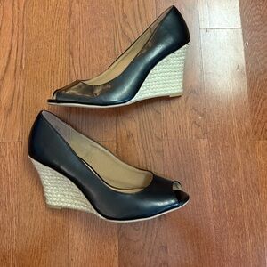 Dexflex Black Peep Toe Wedge Heels. Size 8